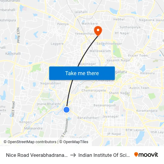 Nice Road Veerabhadranagara to Indian Institute Of Science map