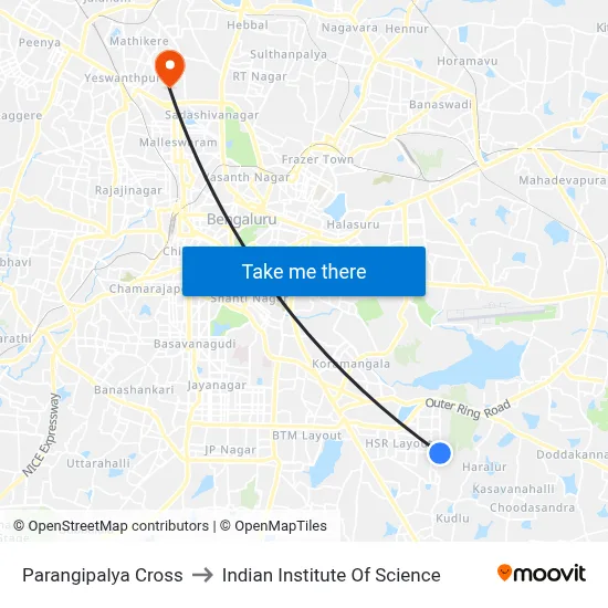 Parangipalya Cross to Indian Institute Of Science map
