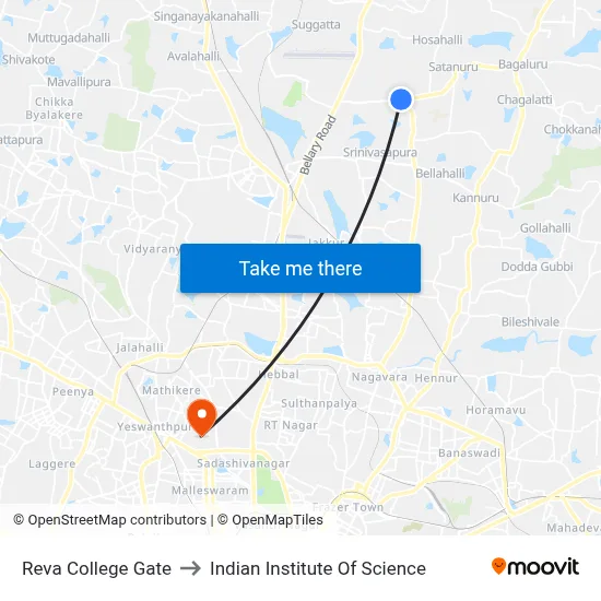 Reva College Gate to Indian Institute Of Science map