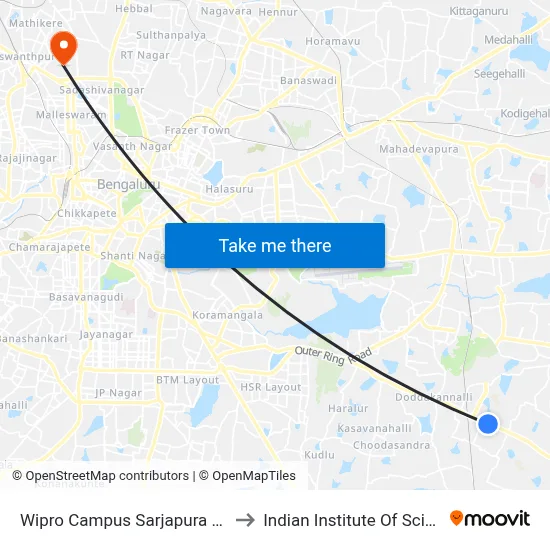 Wipro Campus Sarjapura Road to Indian Institute Of Science map