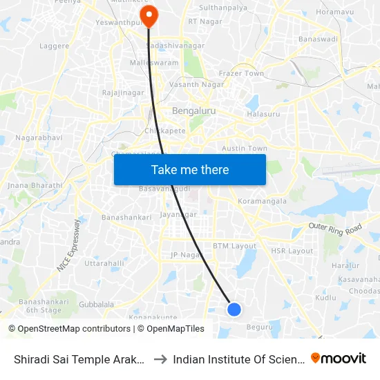 Shiradi Sai Temple Arakere to Indian Institute Of Science map