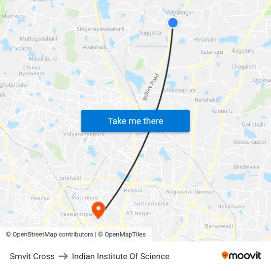 Smvit Cross to Indian Institute Of Science map