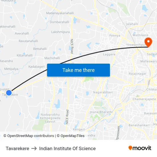 Tavarekere to Indian Institute Of Science map