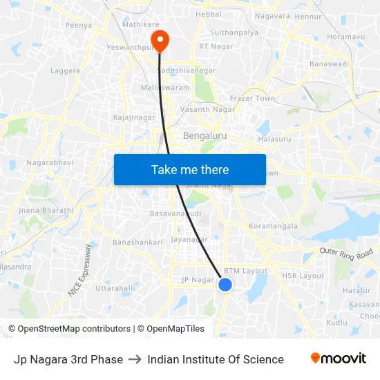 Jp Nagara 3rd Phase to Indian Institute Of Science map