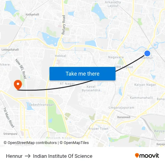 Hennur to Indian Institute Of Science map