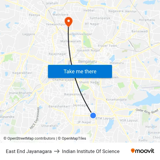 East End Jayanagara to Indian Institute Of Science map