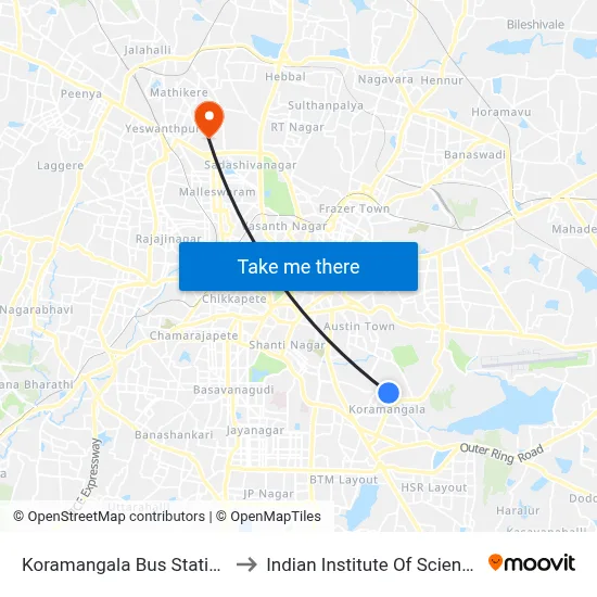 Koramangala Bus Station to Indian Institute Of Science map