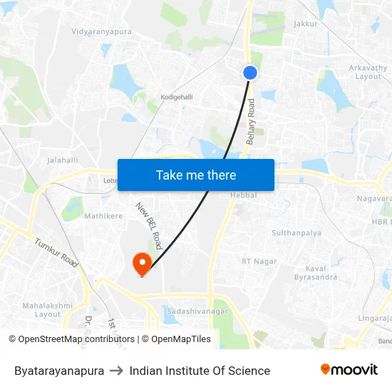 Byatarayanapura to Indian Institute Of Science map