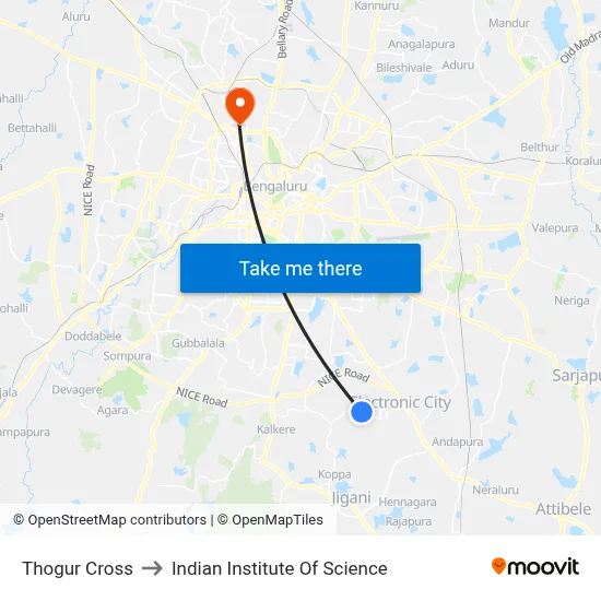 Thogur Cross to Indian Institute Of Science map