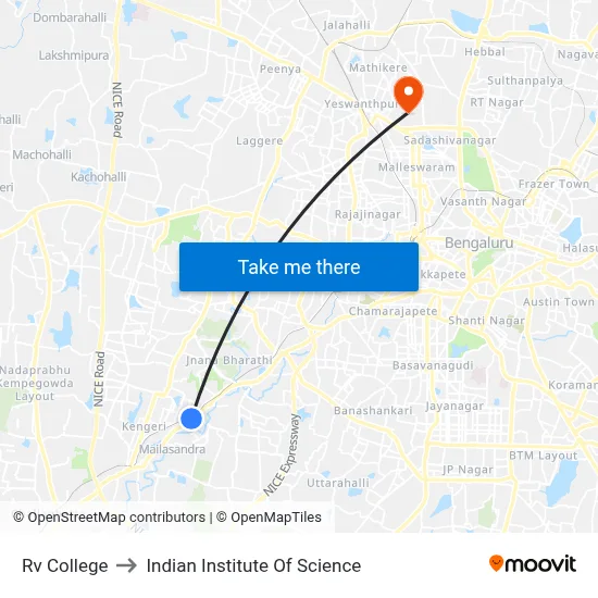 Rv College to Indian Institute Of Science map