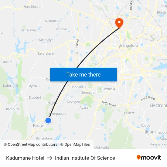 Kadumane Hotel to Indian Institute Of Science map
