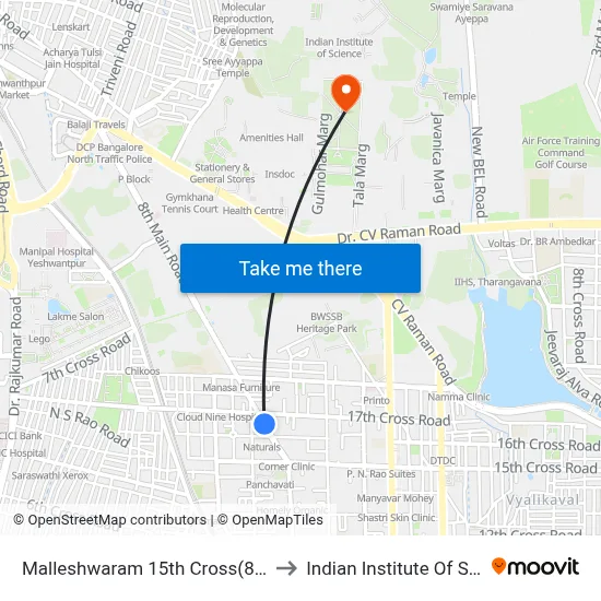 Malleshwaram 15th Cross(8th Main) to Indian Institute Of Science map