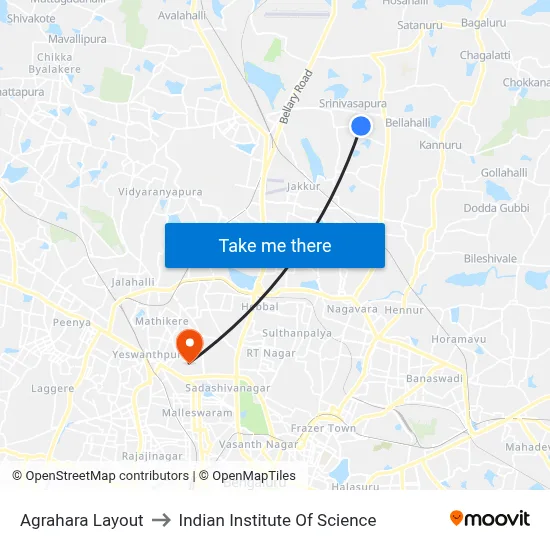 Agrahara Layout to Indian Institute Of Science map