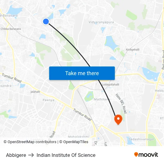 Abbigere to Indian Institute Of Science map