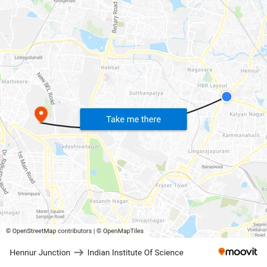 Hennur Junction to Indian Institute Of Science map