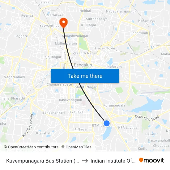 Kuvempunagara Bus Station (Btm Layout) to Indian Institute Of Science map