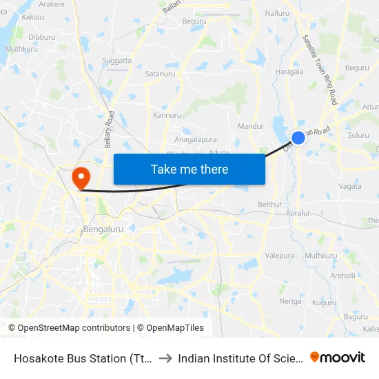 Hosakote Bus Station (Ttmc) to Indian Institute Of Science map