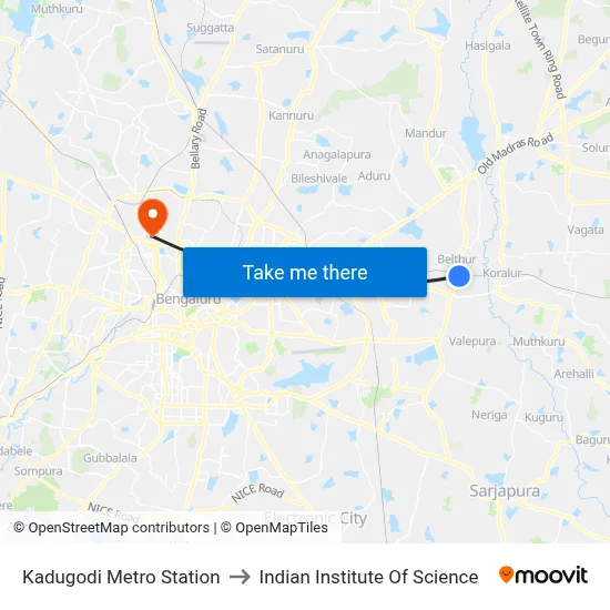 Kadugodi Metro Station to Indian Institute Of Science map