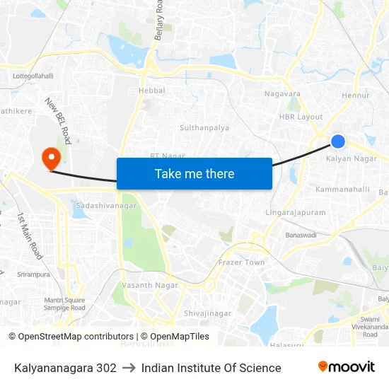 Kalyananagara 302 to Indian Institute Of Science map