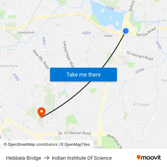 Hebbala Bridge to Indian Institute Of Science map