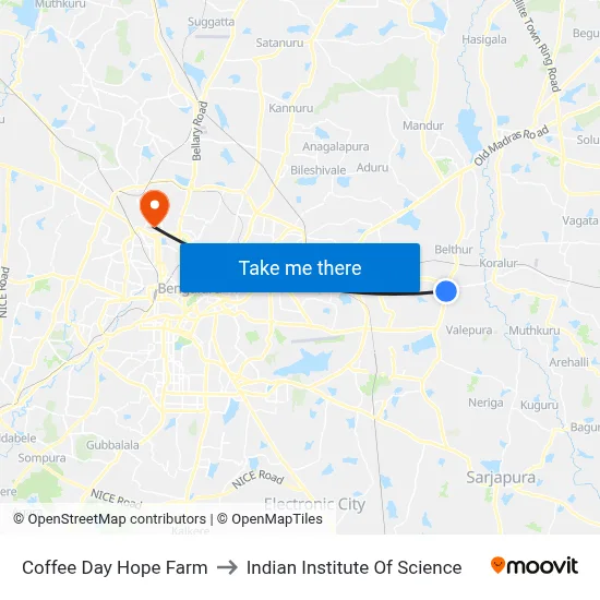 Coffee Day Hope Farm to Indian Institute Of Science map