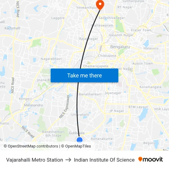 Vajarahalli Metro Station to Indian Institute Of Science map