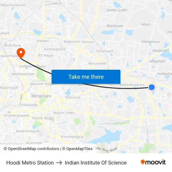 Hoodi Metro Station to Indian Institute Of Science map