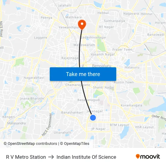 R V Metro Station to Indian Institute Of Science map