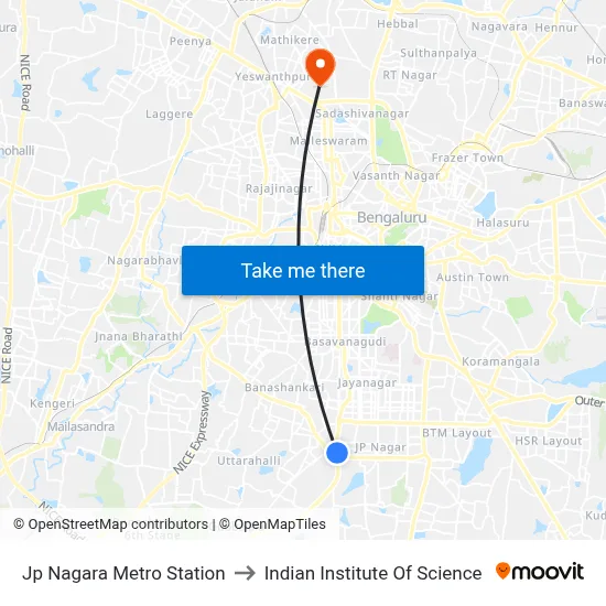 Jp Nagara Metro Station to Indian Institute Of Science map