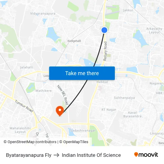 Byatarayanapura Fly to Indian Institute Of Science map