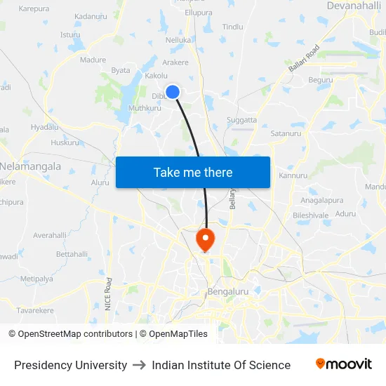 Presidency University to Indian Institute Of Science map