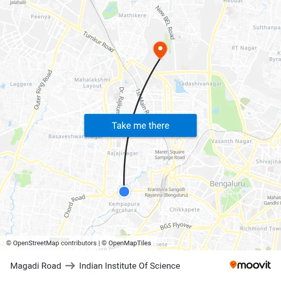 Magadi Road to Indian Institute Of Science map