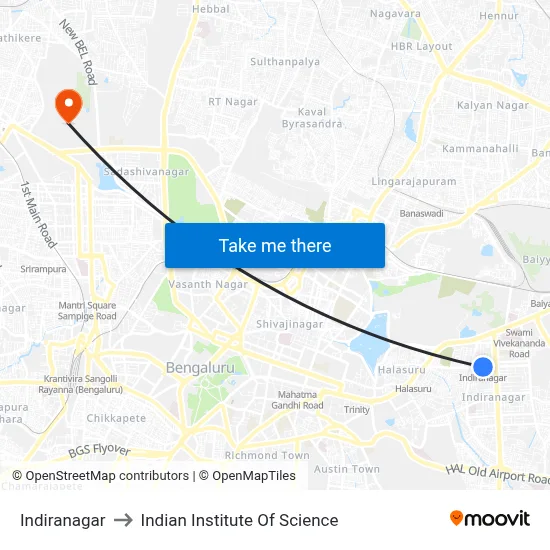 Indiranagar to Indian Institute Of Science map