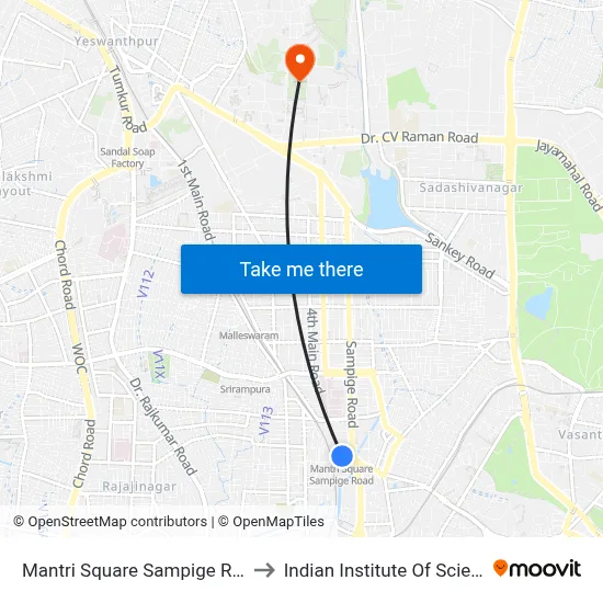 Mantri Square Sampige Road to Indian Institute Of Science map