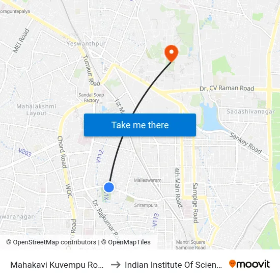 Mahakavi Kuvempu Road to Indian Institute Of Science map
