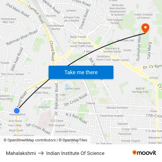 Mahalakshmi to Indian Institute Of Science map