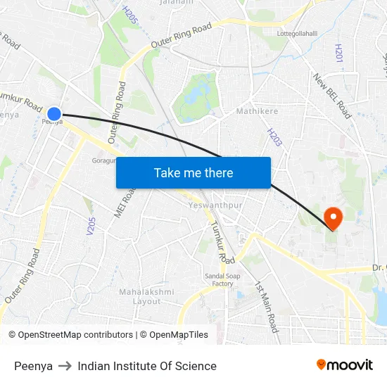 Peenya to Indian Institute Of Science map