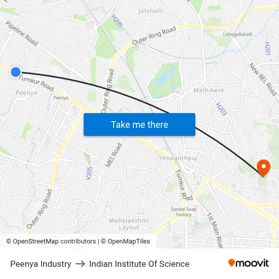 Peenya Industry to Indian Institute Of Science map