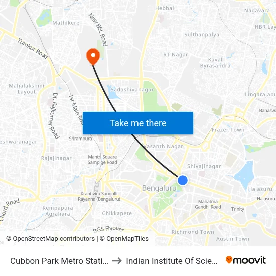 Cubbon Park Metro Station to Indian Institute Of Science map