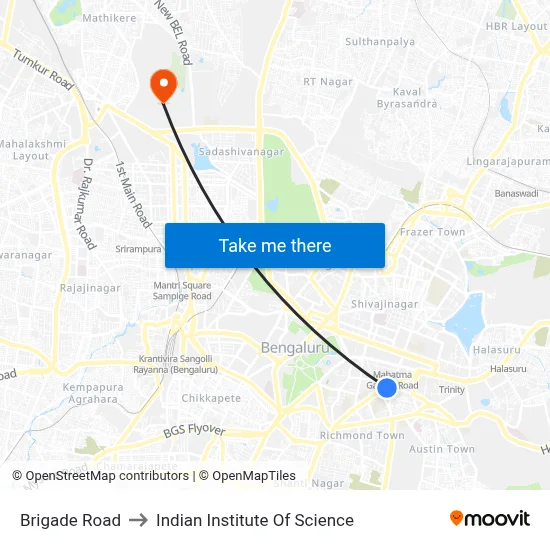 Brigade Road to Indian Institute Of Science map