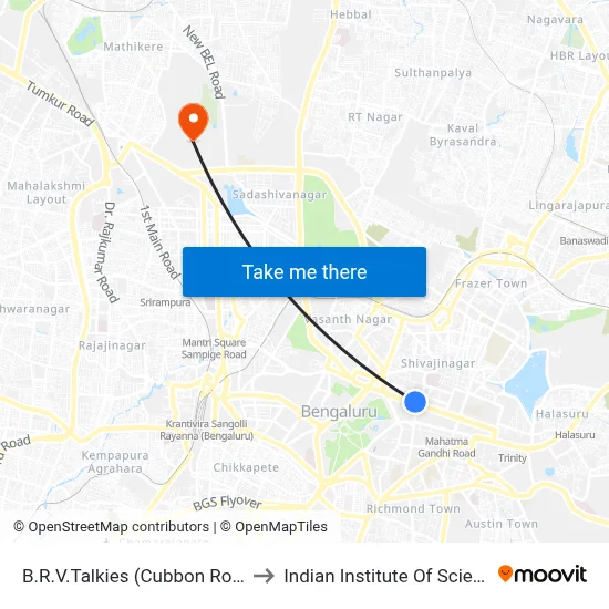 B.R.V.Talkies (Cubbon Road) to Indian Institute Of Science map