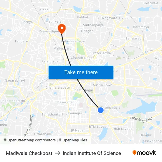 Madiwala Checkpost to Indian Institute Of Science map