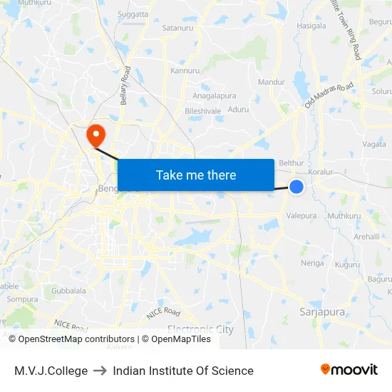 M.V.J.College to Indian Institute Of Science map