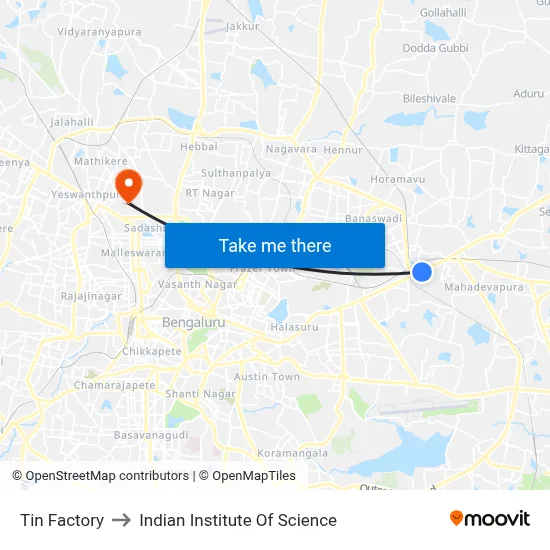 Tin Factory to Indian Institute Of Science map