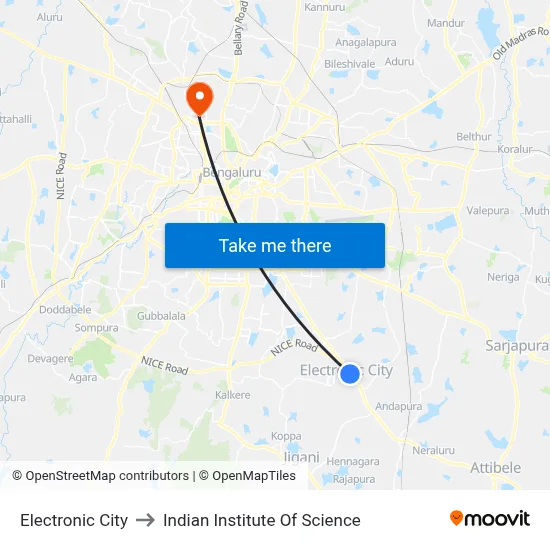 Electronic City to Indian Institute Of Science map