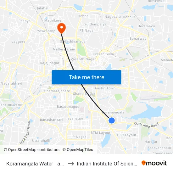 Koramangala Water Tank to Indian Institute Of Science map