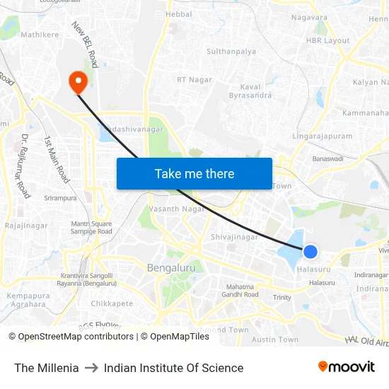The Millenia to Indian Institute Of Science map