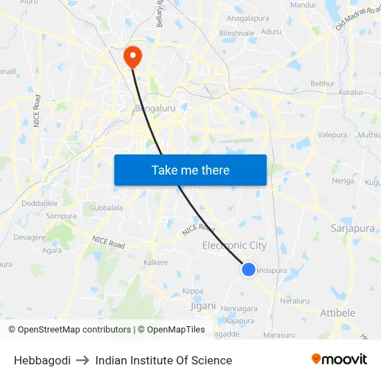 Hebbagodi to Indian Institute Of Science map