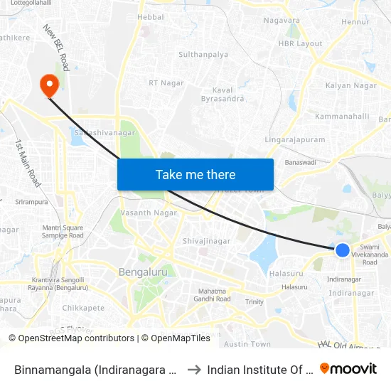 Binnamangala (Indiranagara R.T.O.Office) to Indian Institute Of Science map