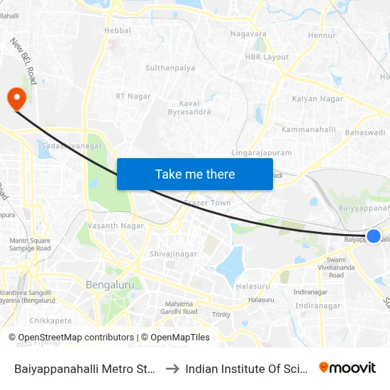 Baiyappanahalli Metro Station to Indian Institute Of Science map